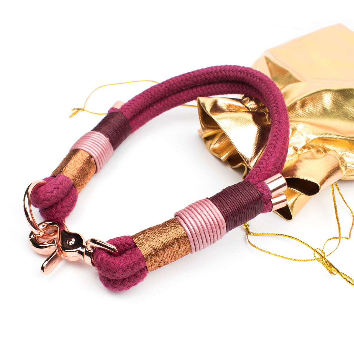 Blackberry Set mit Halsband und Hundeleine - Edler Mädchentraum in Bordeaux Rot und Rosegold Scherenkarabiner