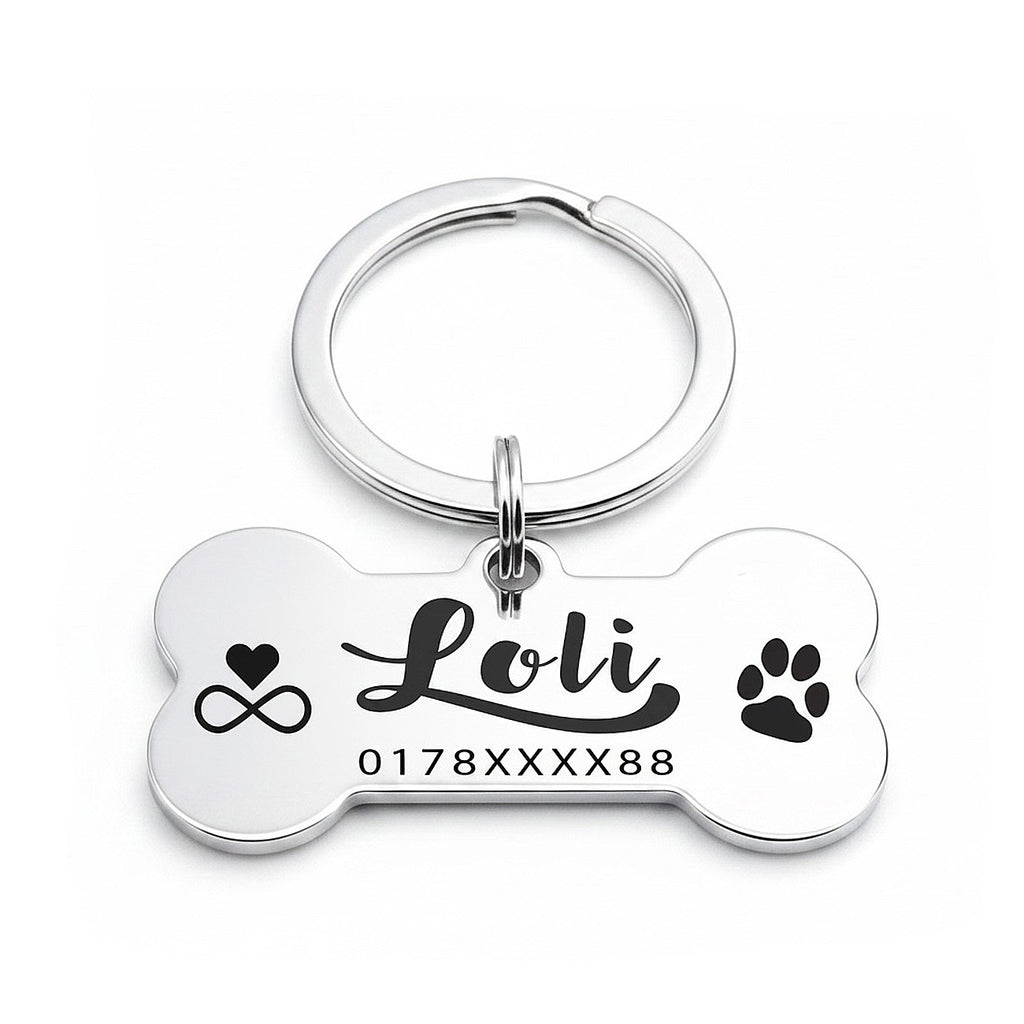 Knochen Hundemarke mit Gravur - personalisiert mit Name deines Hundes, Telefonnummer, Adresse, Tasso auf der Rückseite