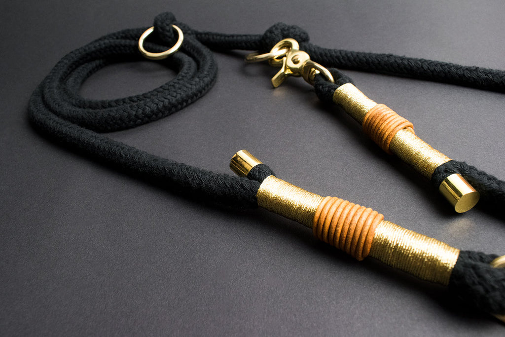 Golden Black Hundeleine - 3fach verstellbar, Schwarz & Gold, Scherenkarabiner