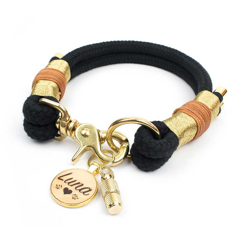 Golden Black Halsband - Edler Maßanzug in Schwarz & Gold - Glanzgarn, Scherenkarabiner