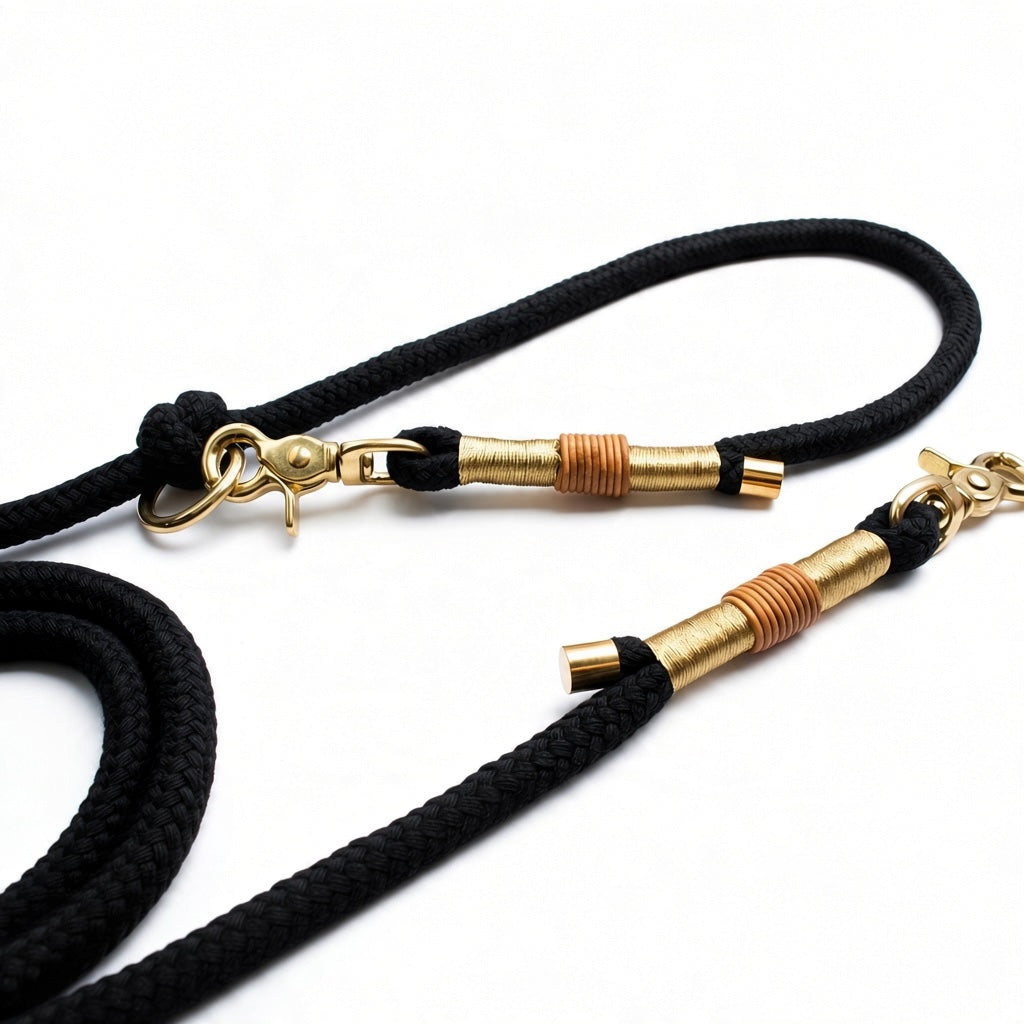 Golden Black Hundeleine - 3fach verstellbar, Schwarz & Gold, Scherenkarabiner