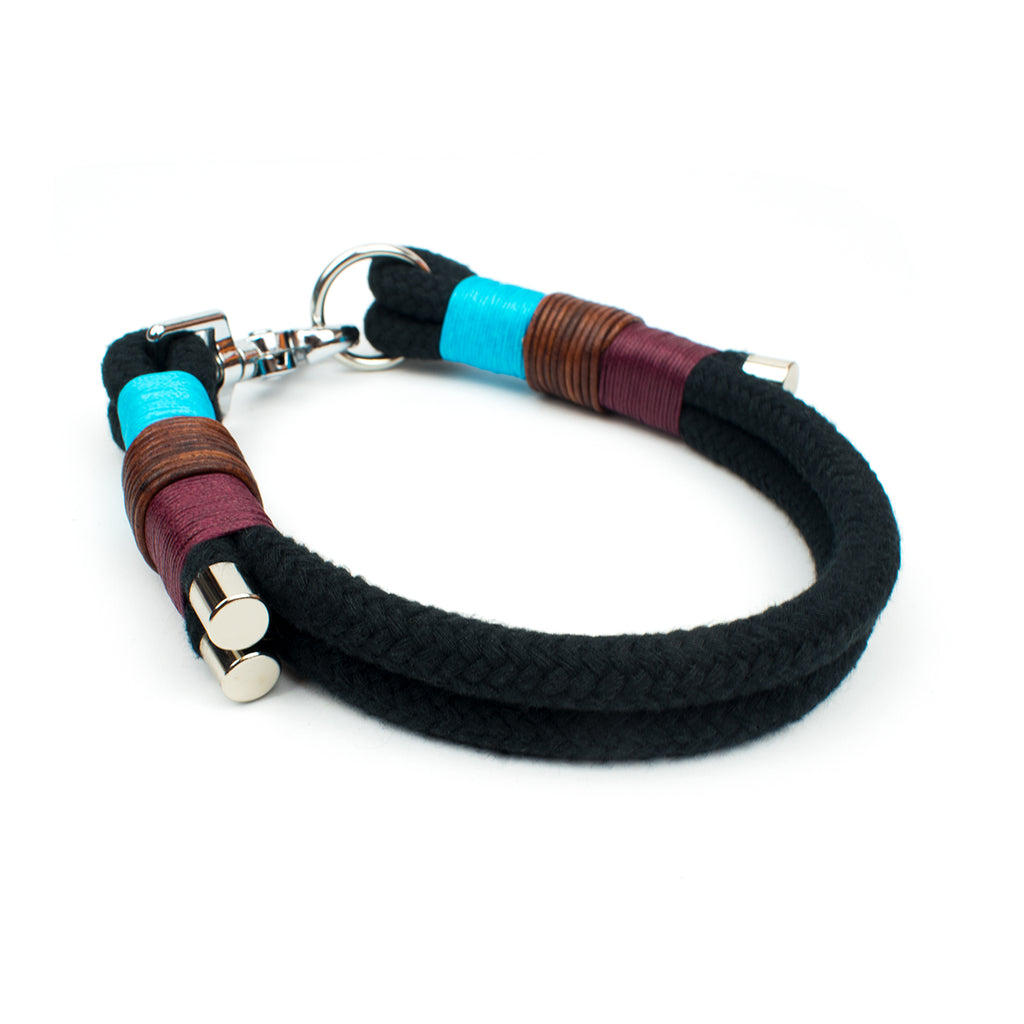 Hannah Set mit Halsband und Hundeleine - Gute Laune Tau in Türkis und Schwarz mit Scherenkarabiner