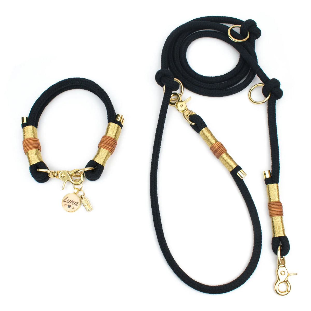 Golden Black Set mit Halsband und Hundeleine - Luxuriös in Schwarz und Gold mit Scherenkarabiner