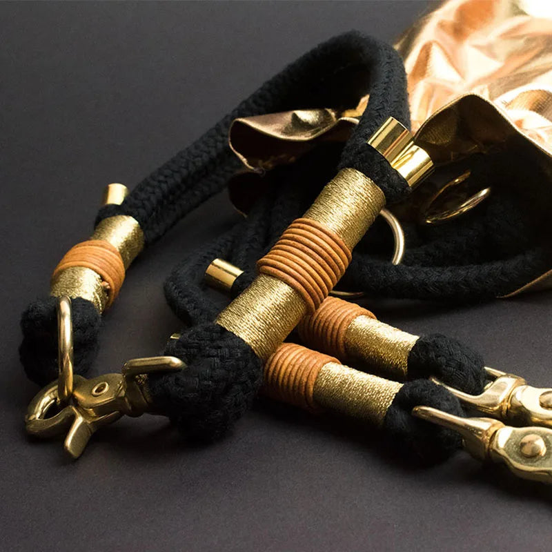 Golden Black Set mit Halsband und Hundeleine - Luxuriös in Schwarz und Gold mit Scherenkarabiner