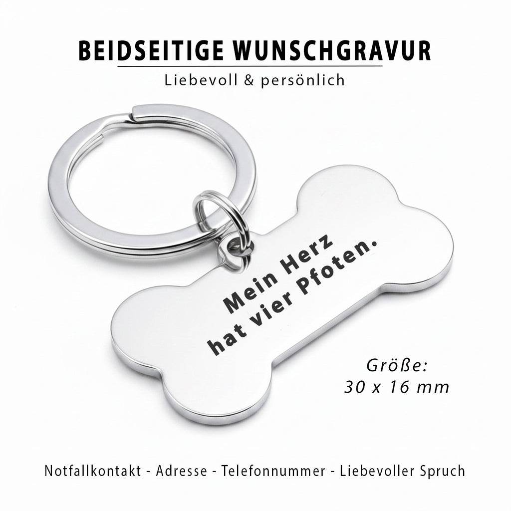 Knochen Hundemarke mit Gravur - personalisiert mit Name deines Hundes, Telefonnummer, Adresse, Tasso auf der Rückseite