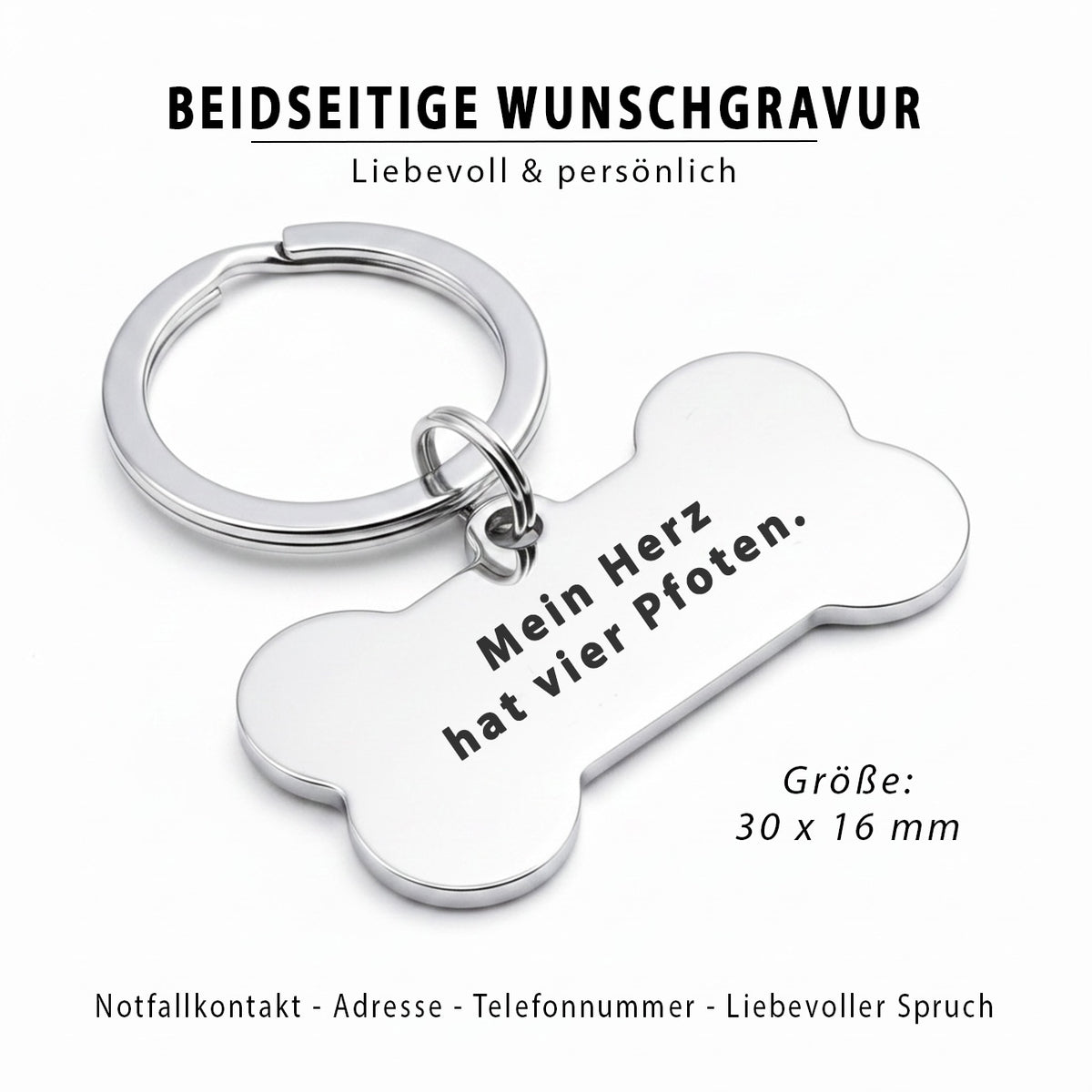 Knochen Hundemarke mit Gravur - personalisiert mit Name deines Hundes, Telefonnummer, Adresse, Tasso auf der Rückseite