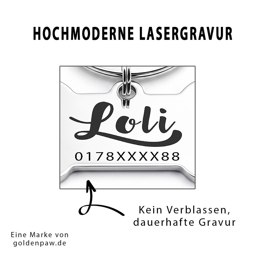 Knochen Hundemarke mit Gravur - personalisiert mit Name deines Hundes, Telefonnummer, Adresse, Tasso auf der Rückseite