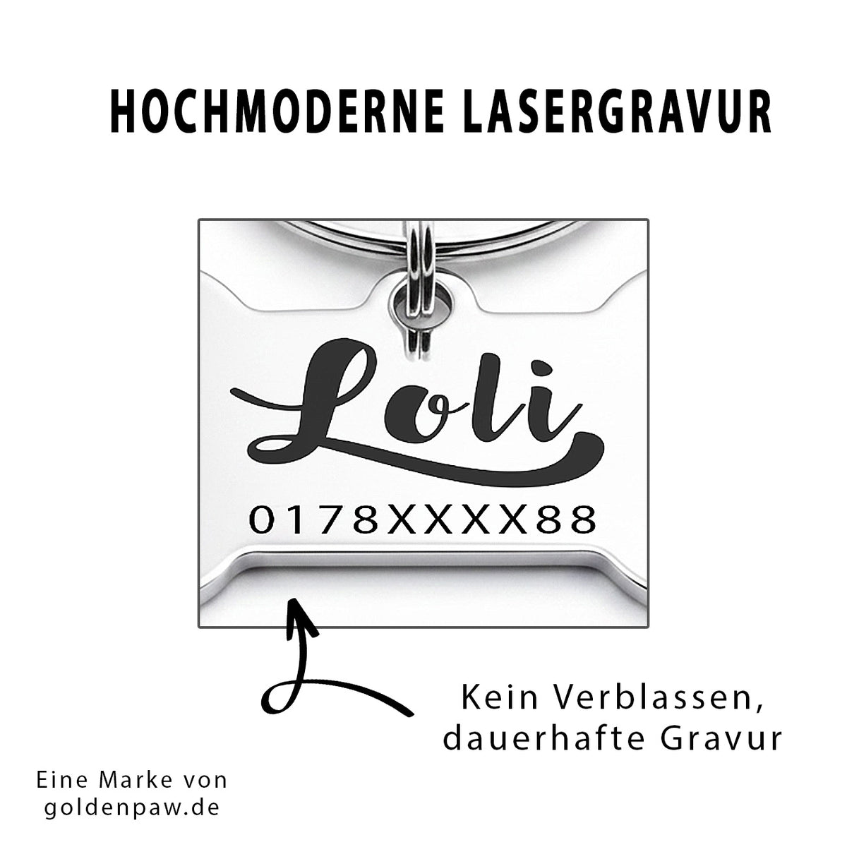 Knochen Hundemarke mit Gravur - personalisiert mit Name deines Hundes, Telefonnummer, Adresse, Tasso auf der Rückseite