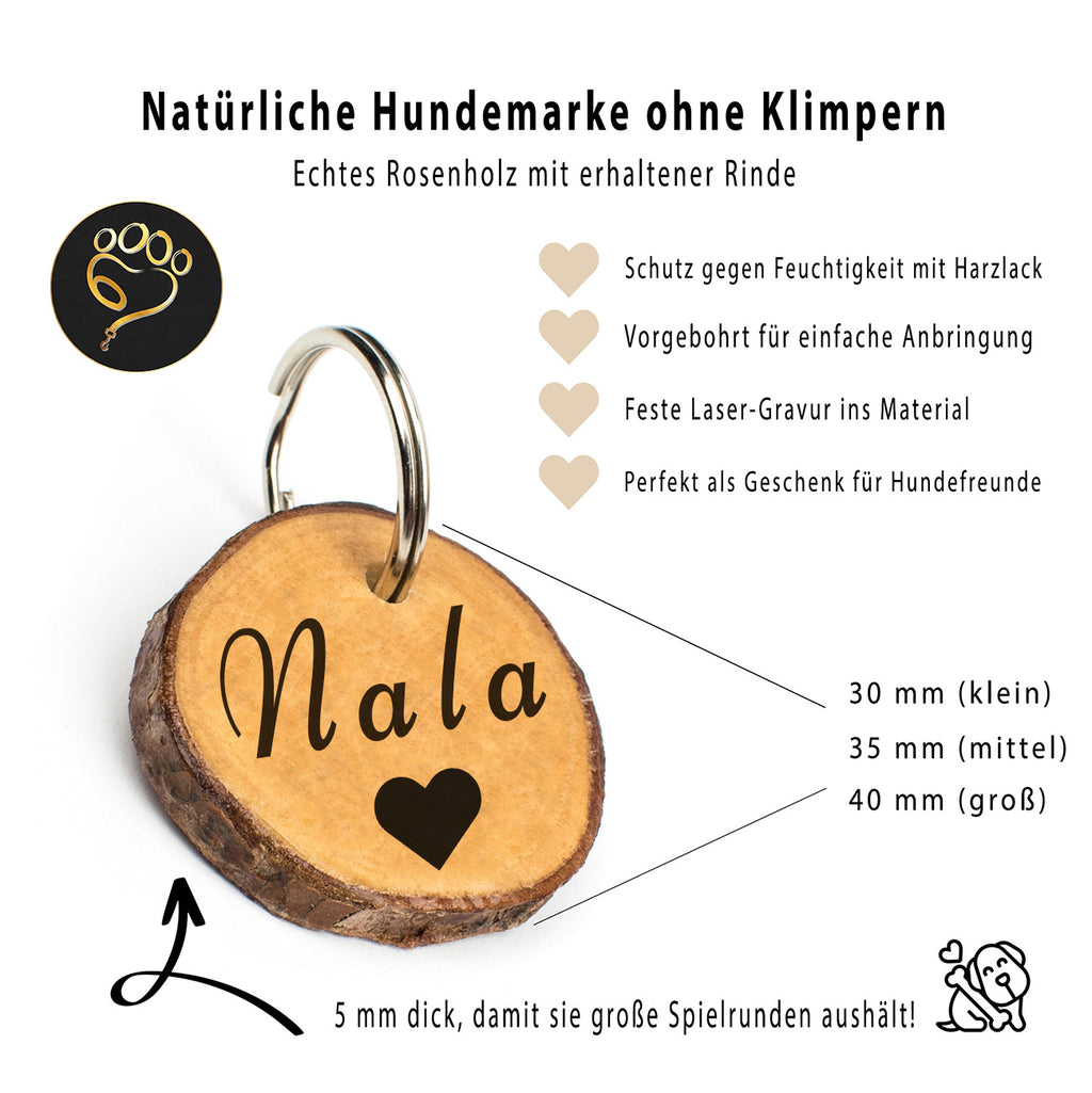 Pali Hundemarke mit Gravur aus Rosenholz - personalisiert mit Name deines Hundes, Telefonnummer, Adresse, Tasso auf der Rückseite