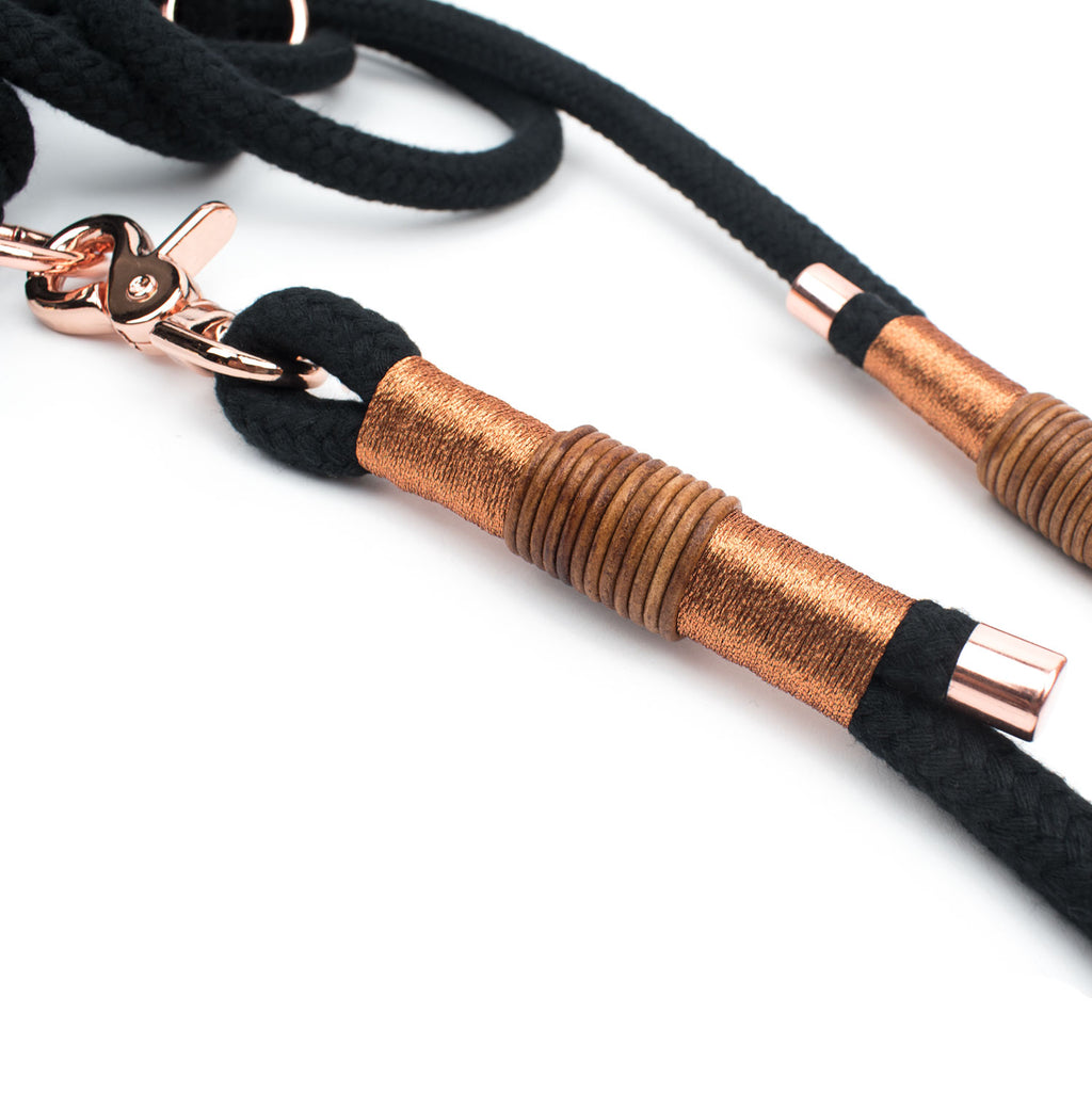 Rose Black Hundeleine - 3fach verstellbar, Schwarz & Gold, Scherenkarabiner